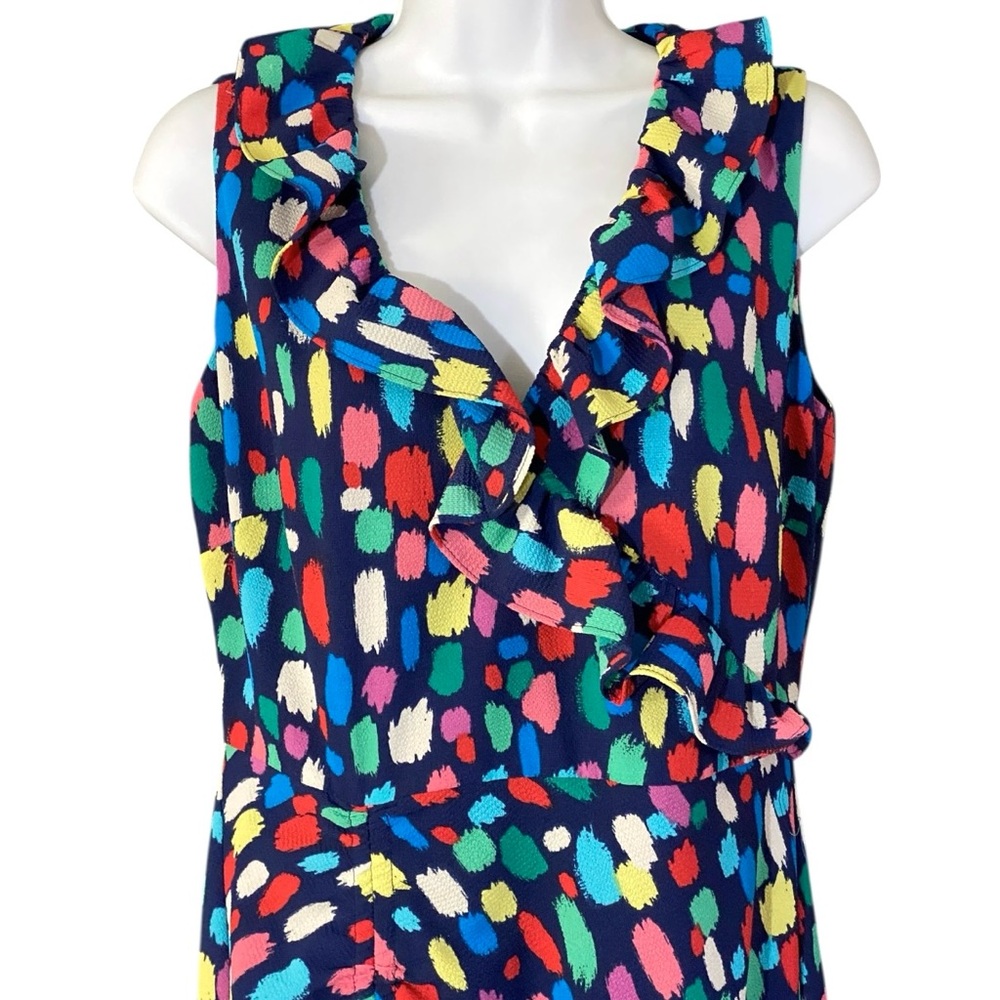 Maggy London Colorful Print Midi Dress 6 Ruched Ruffle V Neck Artsy Cocktail - Picture 4 of 15